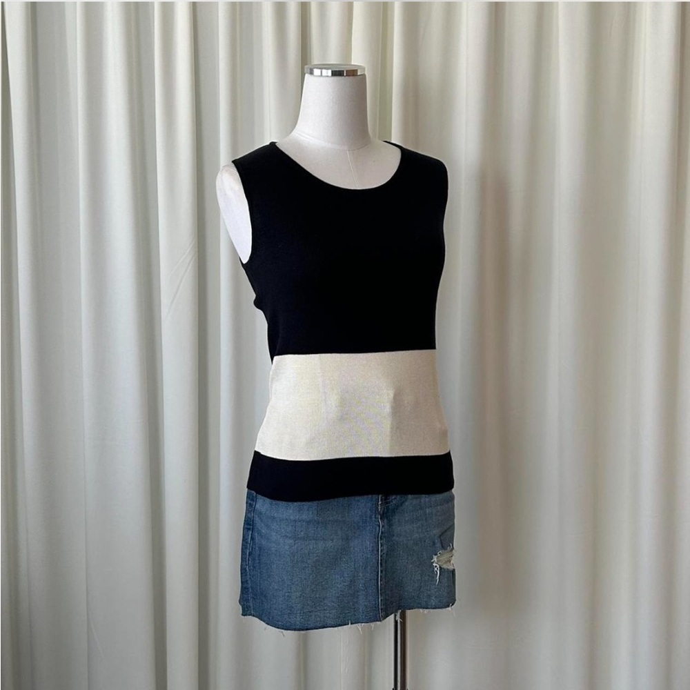Vintage Ann Taylor 100% Silk Knit Tank Top Navy & Cream Colorblock - Size Small